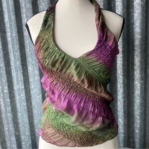 Y2K Papaya Purple Green Tie Dye Sequin Fairy Halter Top Size Small